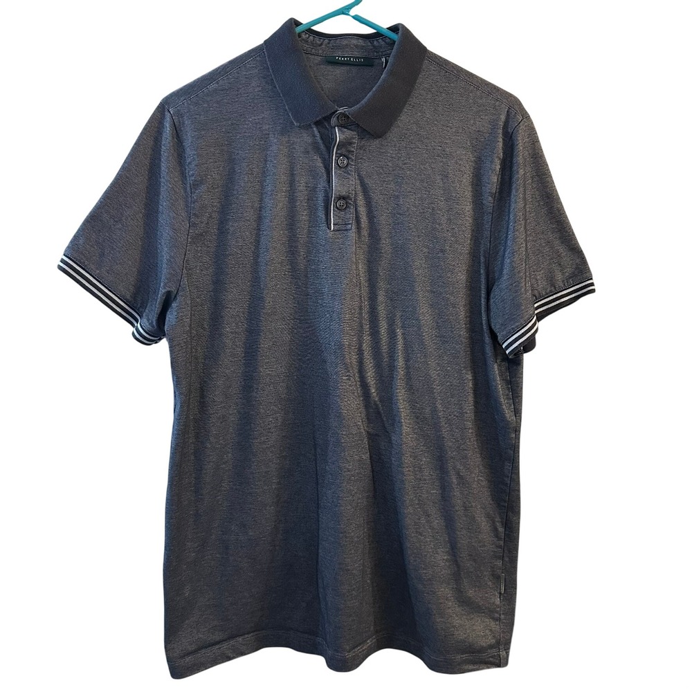 Perry Ellis Mens‎ Dark Heather Grey Striped Trim Polo Shirt Office Size Large